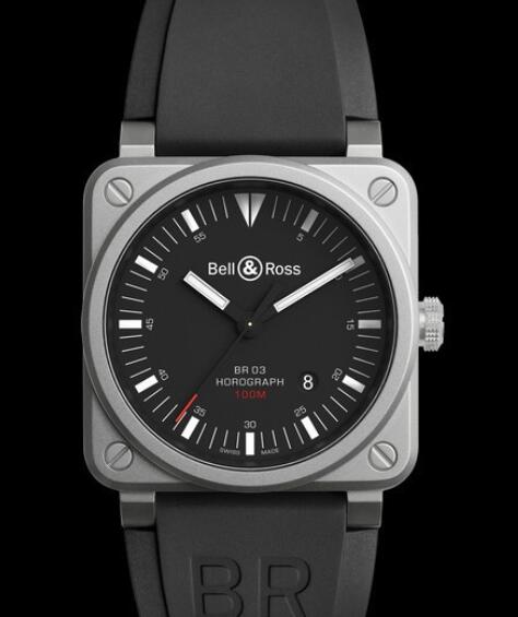 Bell & Ross INSTRUMENTS Replica Watch BR 03-92 Horograph BR03-92-HOR-BLC/SRB Bead blasted steel - Rubber Strap