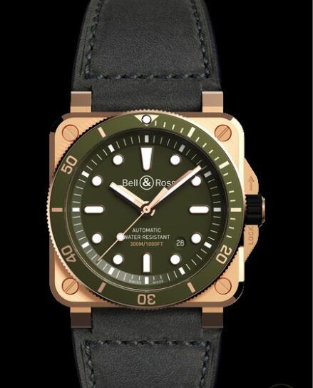 Bell & Ross INSTRUMENTS Replica Watch BR03-92 Diver Green Bronze BR0392-D-G-BA-SCA Satin-polished CuSn8 bronze - Green Dial - Strap Calfskin Leather