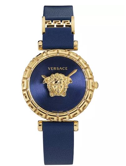Replica Versace Women's Swiss Palazzo Empire Greca Blue Leather Strap Watch 37mm